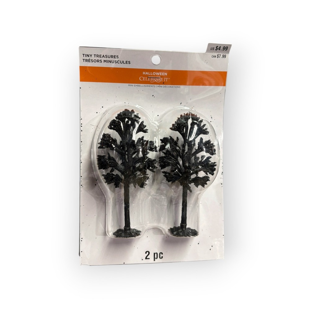 Celebrate It Halloween Tiny Treasures Black Glitter Mini Trees 2pc Set 520740